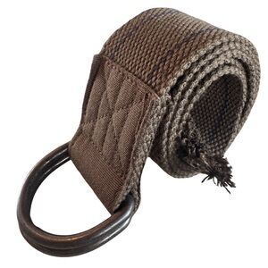 Brown Woven Web D-Ring Belt Double Ring Adjustable Casual Canvas Fringe End Boho